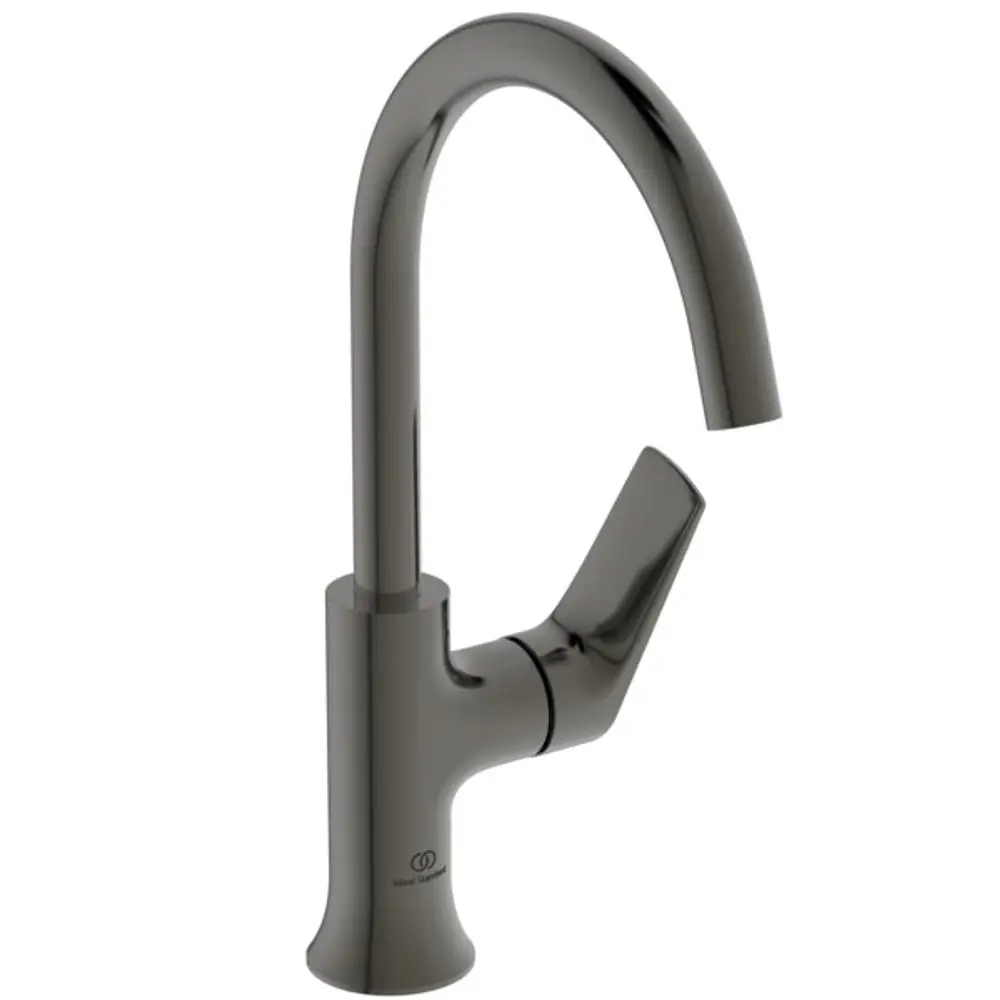 Waschtischarmatur mit hohem Auslauf in Magnetic Grey, hergestellt von Ideal Standard, mit seitlichem Bedienhebel für Temperatur- und Mengenregelung.